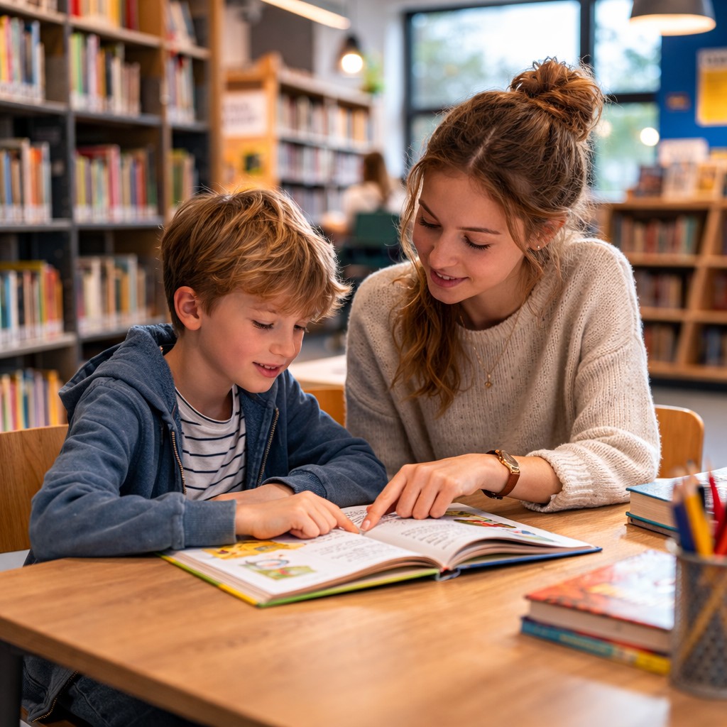 Jongere en kind lezen samen in de bibliotheek
